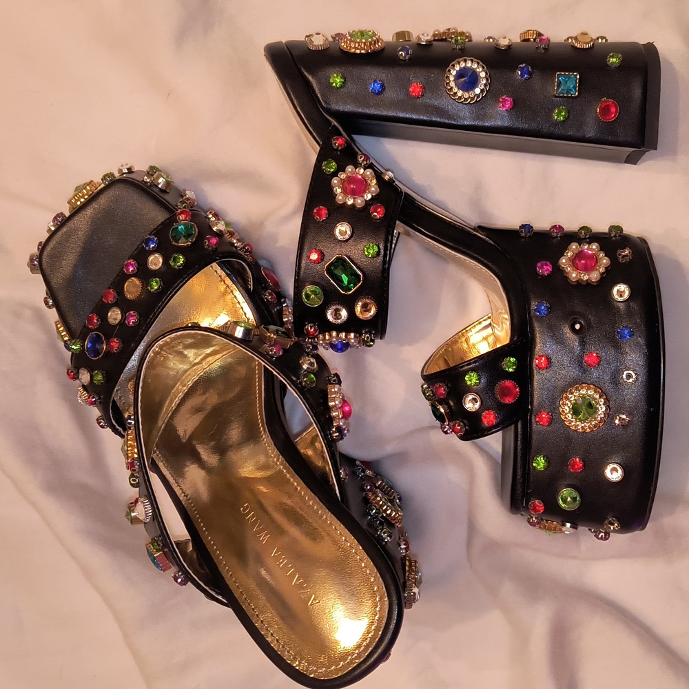 Rich Brown Platform Sandals with Chunky Heel and Colorful Embellishments